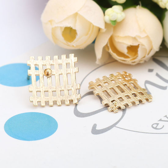 Picture of Brass Ear Post Stud Earrings 18K Real Gold Plated Rhombus Grid Checker W/ Loop 20mm x 20mm, Post/ Wire Size: (20 gauge), 2 PCs                                                                                                                                