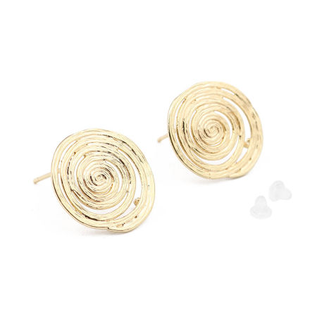 Picture of 2 PCs Brass Ear Post Stud Earrings 18K Real Gold Plated Spiral With Loop 17mm x 15mm, Post/ Wire Size: 0.7mm(21 gauge)
