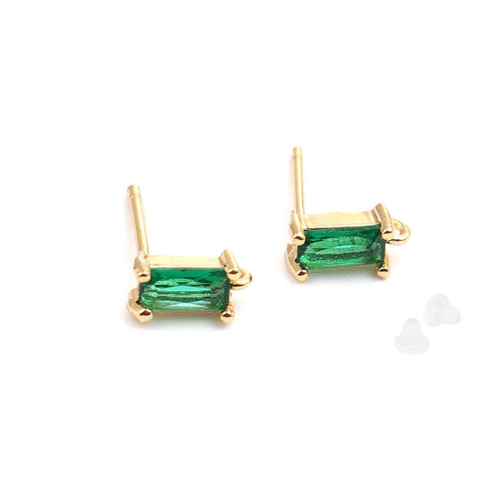 Immagine di Ottone Orecchini a Perno 18K Vero Oro Placcato Rettangolo W/ Loop Verde Strass 9mm x 4mm, Dimensione di Posta / Cavo: (21 misura), 2 Pz