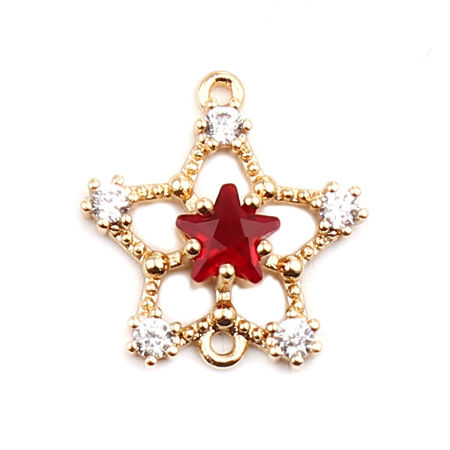 Picture of Brass Connectors Pentagram Star 18K Real Gold Plated Hollow Red Rhinestone 15mm x 14mm, 2 PCs
