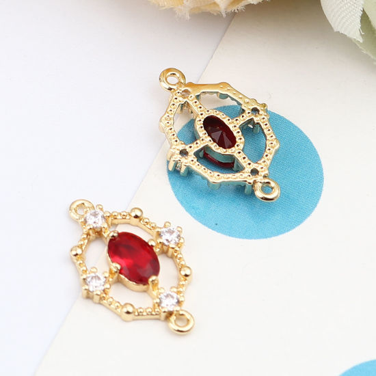 Picture of Brass Connectors Oval 18K Real Gold Plated Hollow Red Rhinestone 18mm x 12mm, 2 PCs                                                                                                                                                                           