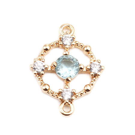 Picture of Brass Connectors Round 18K Real Gold Plated Hollow Light Blue Rhinestone 16mm x 12mm, 2 PCs