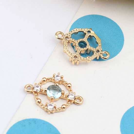 Picture of Brass Connectors Round 18K Real Gold Plated Hollow Light Blue Rhinestone 16mm x 12mm, 2 PCs                                                                                                                                                                   