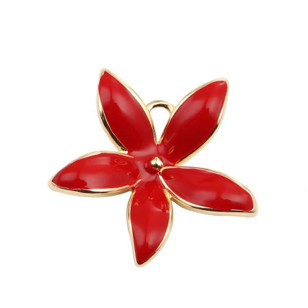 Image de Connecteurs en Laiton Fleur Plaqué Or Véritable 18K Rouge Émail 24mm x 23mm, 2 Pcs