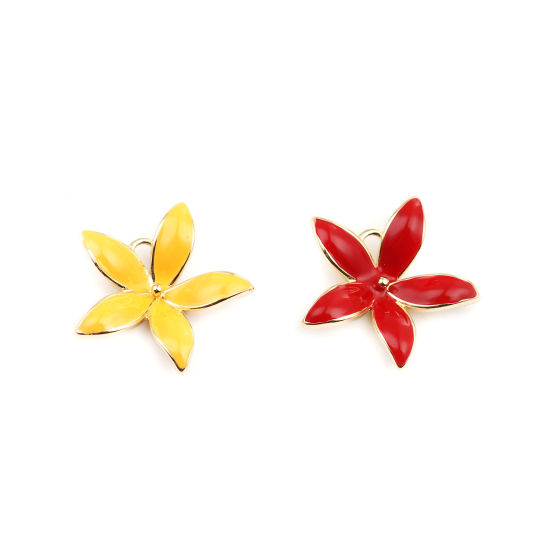 Picture of Brass Connectors Flower 18K Real Gold Plated Red Enamel 24mm x 23mm, 2 PCs                                                                                                                                                                                    