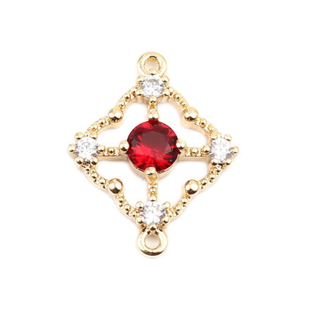Picture of Brass Connectors Four Leaf Clover 18K Real Gold Plated Hollow Wine Red Rhinestone 17mm x 14mm, 2 PCs