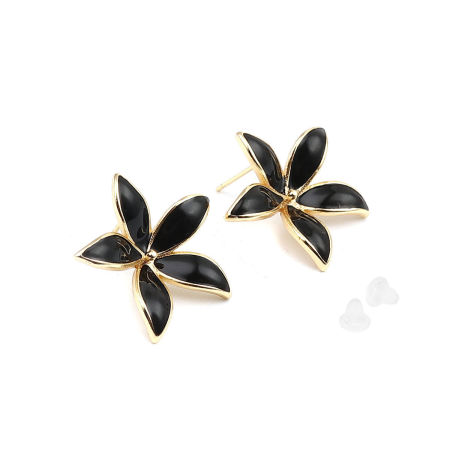 Picture of 2 PCs Brass Enamel Ear Post Stud Earrings 18K Real Gold Plated Black Flower With Loop 23mm x 22mm, Post/ Wire Size: 0.7mm(21 gauge)