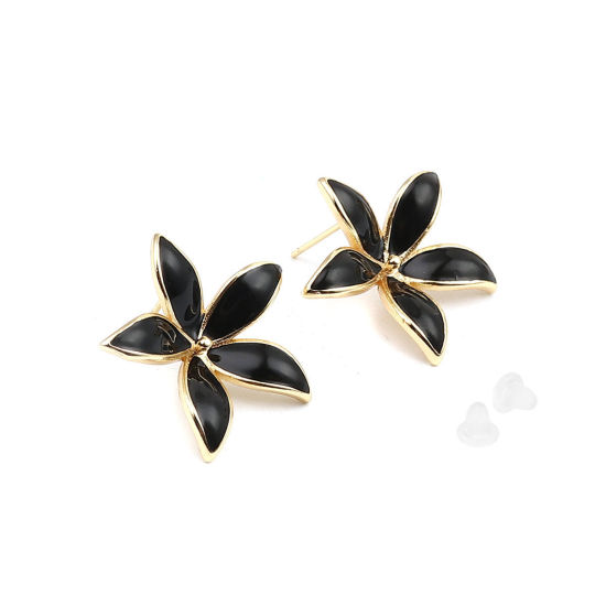 Picture of Brass Enamel Ear Post Stud Earrings 18K Real Gold Plated Black Flower W/ Loop 23mm x 22mm, Post/ Wire Size: (21 gauge), 2 PCs