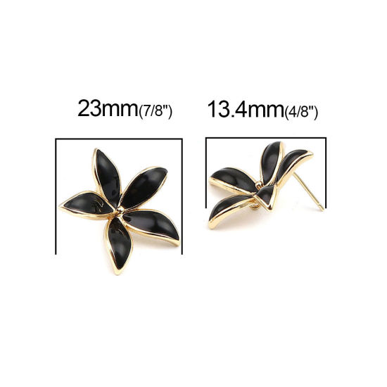 Picture of Brass Enamel Ear Post Stud Earrings 18K Real Gold Plated Black Flower W/ Loop 23mm x 22mm, Post/ Wire Size: (21 gauge), 2 PCs