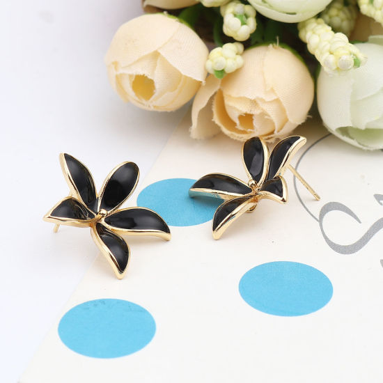 Picture of Brass Enamel Ear Post Stud Earrings 18K Real Gold Plated Black Flower W/ Loop 23mm x 22mm, Post/ Wire Size: (21 gauge), 2 PCs