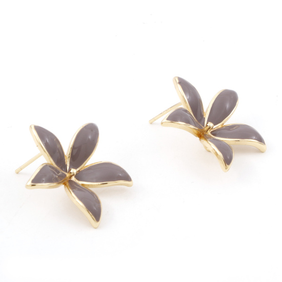 Picture of Brass Enamel Ear Post Stud Earrings 18K Real Gold Plated Mauve Flower W/ Loop 23mm x 22mm, Post/ Wire Size: (21 gauge), 2 PCs