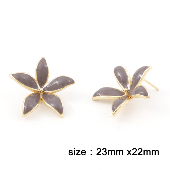 Picture of Brass Enamel Ear Post Stud Earrings 18K Real Gold Plated Mauve Flower W/ Loop 23mm x 22mm, Post/ Wire Size: (21 gauge), 2 PCs