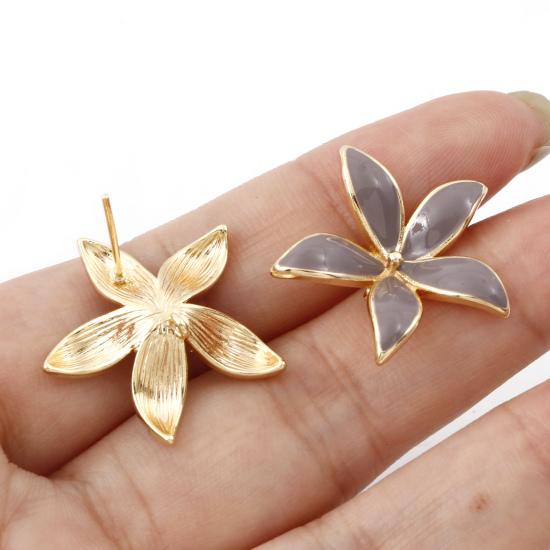 Picture of Brass Enamel Ear Post Stud Earrings 18K Real Gold Plated Mauve Flower W/ Loop 23mm x 22mm, Post/ Wire Size: (21 gauge), 2 PCs