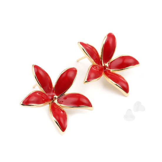 Picture of Brass Enamel Ear Post Stud Earrings 18K Real Gold Plated Red Flower W/ Loop 23mm x 22mm, Post/ Wire Size: (21 gauge), 2 PCs