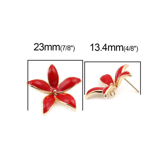 Picture of Brass Enamel Ear Post Stud Earrings 18K Real Gold Plated Red Flower W/ Loop 23mm x 22mm, Post/ Wire Size: (21 gauge), 2 PCs