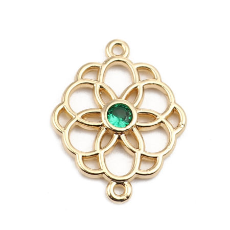 Picture of Brass Connectors Flower 18K Real Gold Plated Hollow Green Rhinestone 20mm x 15mm, 2 PCs