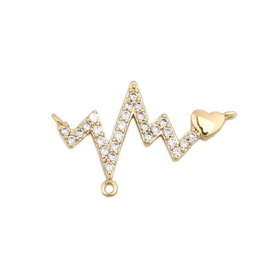 Bild von Messing Verbinder Herz 18K Vergoldet Medizinisches Elektrokardiogramm Transparent Strass 20mm x 13mm, 2 Stück