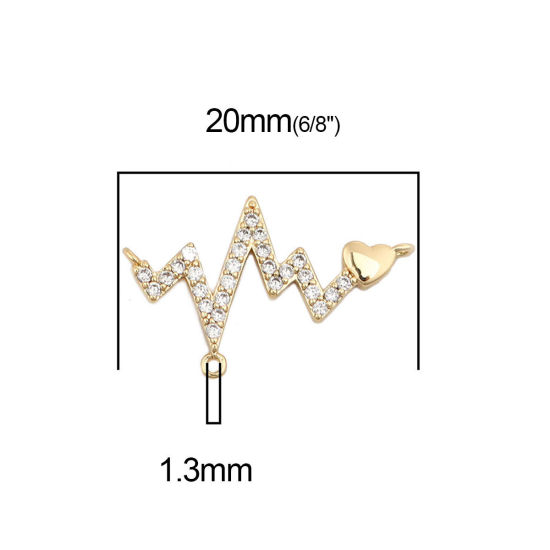 Bild von Messing Verbinder Herz 18K Vergoldet Medizinisches Elektrokardiogramm Transparent Strass 20mm x 13mm, 2 Stück