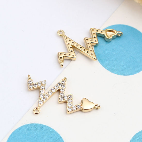 Bild von Messing Verbinder Herz 18K Vergoldet Medizinisches Elektrokardiogramm Transparent Strass 20mm x 13mm, 2 Stück