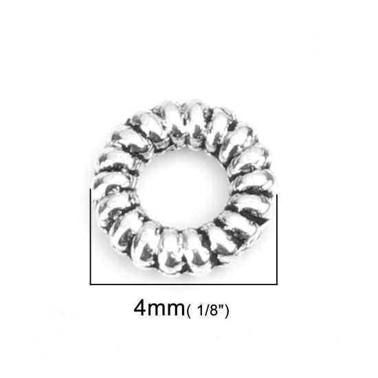 亜鉛合金 スペーサー スペーサービーズ 円形 銀古美 約 4mm 直径、 穴：約 2mm、 1000 個 の画像