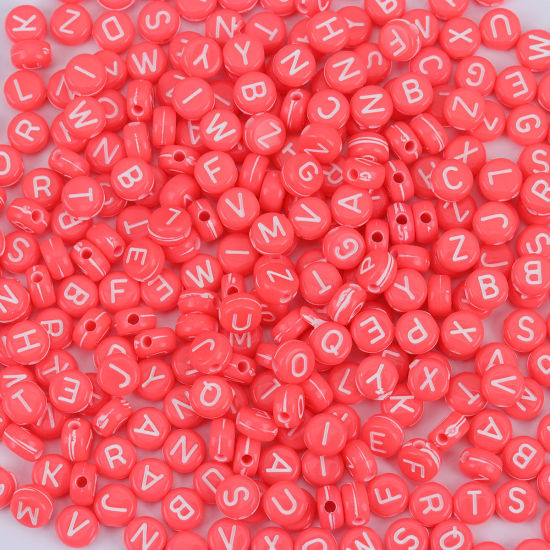 Picture of Acrylic Beads Flat Round At Random Orange-red Initial Alphabet/ Capital Letter Pattern About 7mm Dia., Hole: Approx 1.7mm, 500 PCs