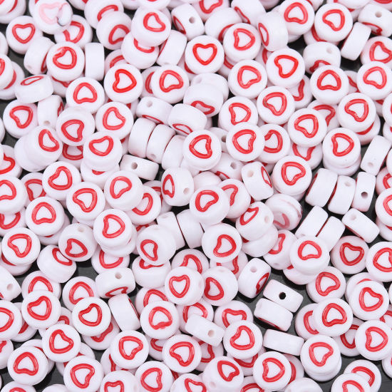 Picture of Acrylic Beads Flat Round White & Red Heart Pattern About 7mm Dia., Hole: Approx 1.1mm, 500 PCs