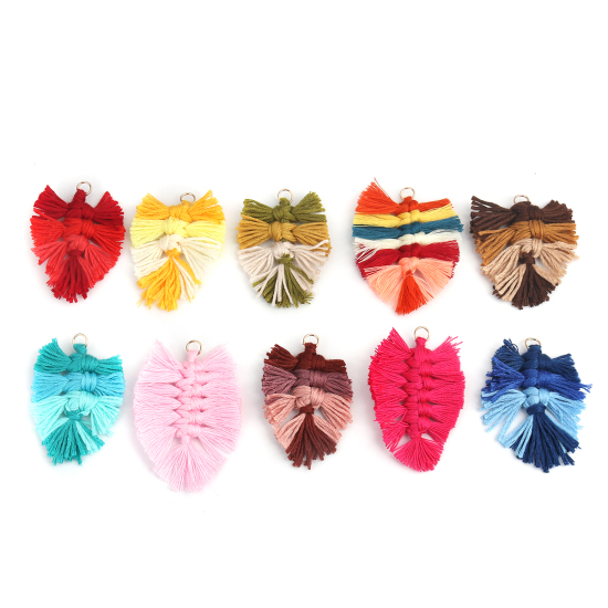 Image de Pendentifs Franges en Polyester Feuille Multicolore Tissé 6cm x 4cm, 5 Pcs