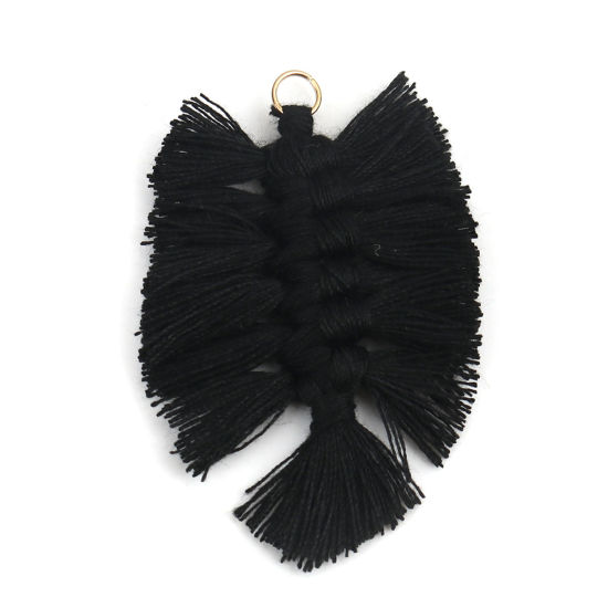 Image de Pendentifs Franges en Polyester Feuille Noir Tissé 7cm x 4.5cm, 5 Pcs