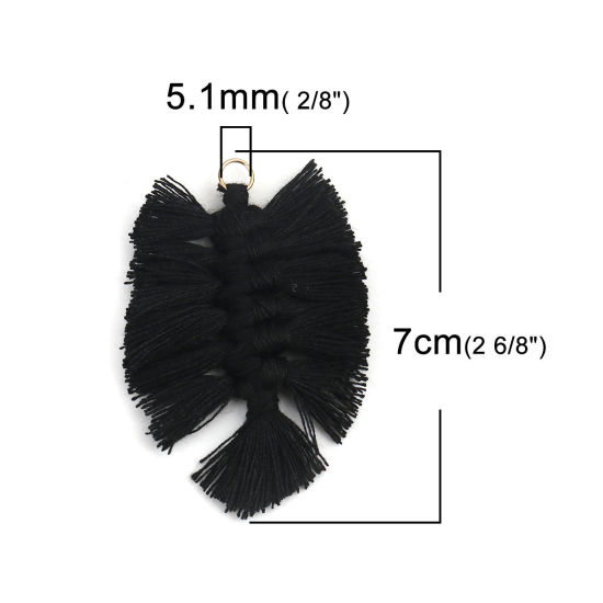 Image de Pendentifs Franges en Polyester Feuille Noir Tissé 7cm x 4.5cm, 5 Pcs