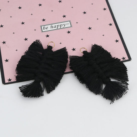 Image de Pendentifs Franges en Polyester Feuille Noir Tissé 7cm x 4.5cm, 5 Pcs