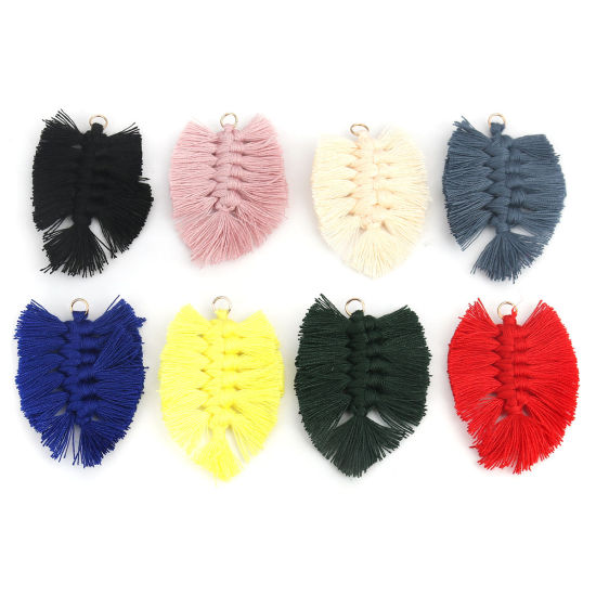 Image de Pendentifs Franges en Polyester Feuille Noir Tissé 7cm x 4.5cm, 5 Pcs