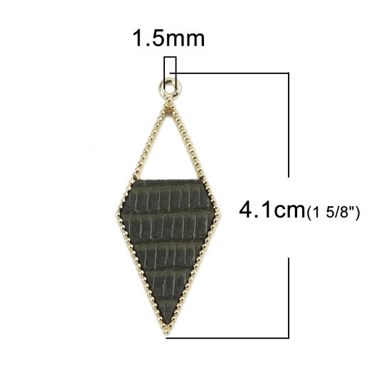 Picture of Zinc Based Alloy Pendants Rhombus Gold Plated Dark Green Hollow 4.1cm x 1.7cm, 5 PCs