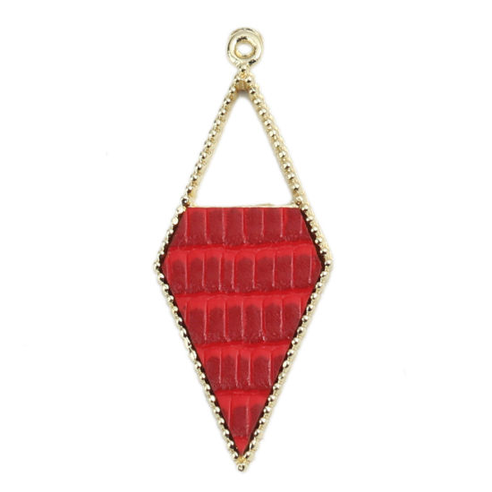 Picture of Zinc Based Alloy Pendants Rhombus Gold Plated Red Hollow 4.1cm x 1.7cm, 5 PCs