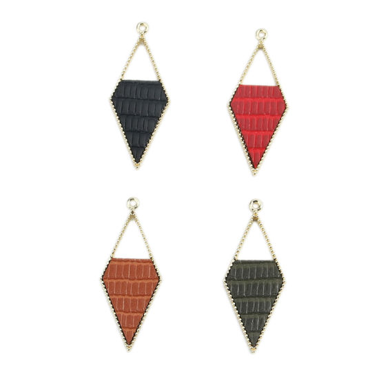 Picture of Zinc Based Alloy Pendants Rhombus Gold Plated Red Hollow 4.1cm x 1.7cm, 5 PCs