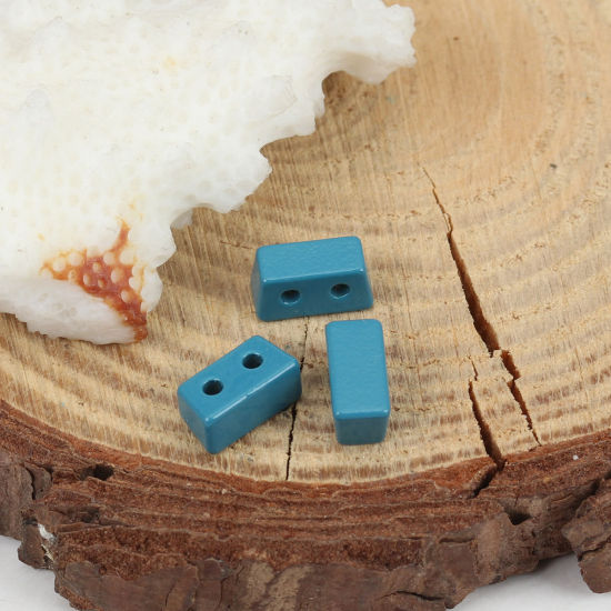 Picture of Zinc Based Alloy Enamel Spacer Beads Two Holes Trapezoid Peacock Blue About 8mm x 4mm, Hole: Approx 1mm, 10 PCs