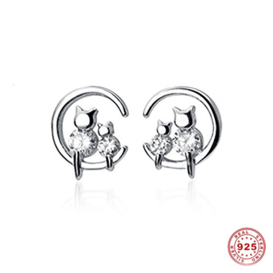 Picture of Sterling Silver Ear Post Stud Earrings Silver Cat Animal Clear Rhinestone 8mm x 7mm, Post/ Wire Size: (21 gauge), 1 Pair