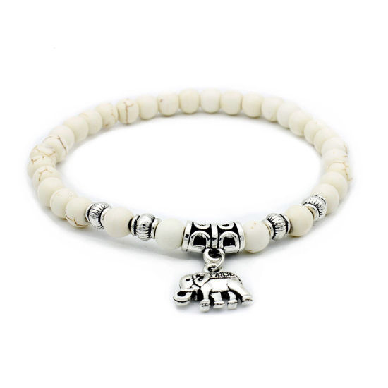 Picture of Synthetic Howlite Elastic Dainty Bracelets Delicate Bracelets Beaded Bracelet White Antique Silver Color Round Elephant 19.5cm(7 5/8") long, 1 Piece