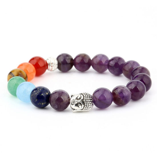 Picture of February Birthstone - Natural Amethyst Yoga Healing Elastic Dainty Bracelets Delicate Bracelets Beaded Bracelet Purple Antique Silver Color Round Buddha Statue 19cm(7 4/8") long, 1 Piece
