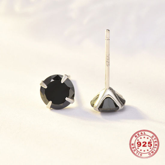 Image de Boucles d'Oreilles Puces en Argent Pur & Zircone Cubique Plaqué Platine Noir Rond 3mm Dia., Epaisseur de Fil: (21 gauge), 1 Paire