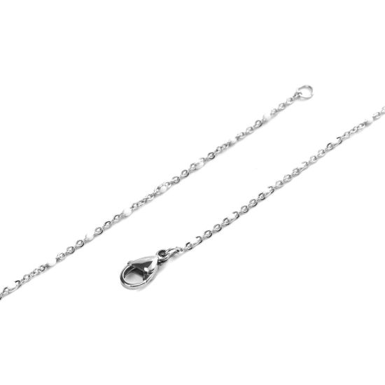 Picture of 304 Stainless Steel Link Cable Chain Necklace Silver Tone White Enamel 60cm(23 5/8") long, 1 Piece