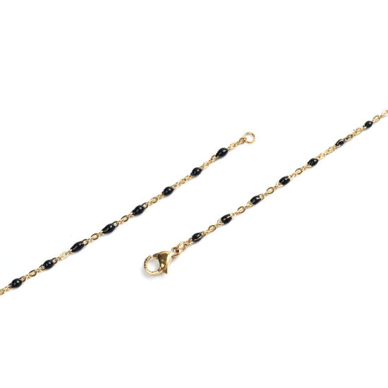 Bild von 304 Edelstahl Gliederkette Kette Halskette Vergoldet Schwarz Emaille 60cm lang, 1 Strang