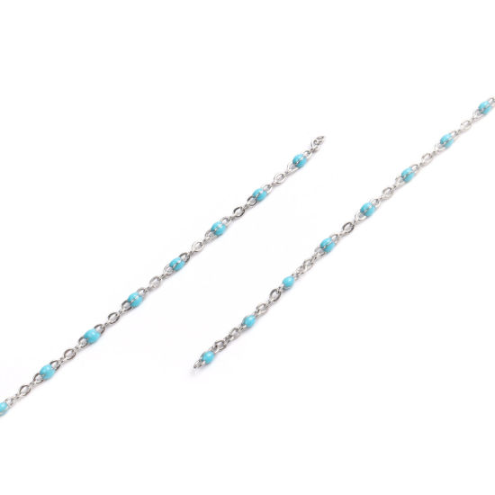Picture of 304 Stainless Steel Link Cable Chain Silver Tone Light Blue Enamel 2.5x2mm, 1 M