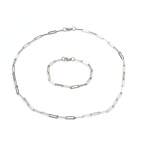 Picture of 304 Stainless Steel Jewelry Paperclip Chains Necklace Bracelets Set Silver Tone Oval 50cm(19 5/8") long, 19cm(7 4/8") long, 1 Set