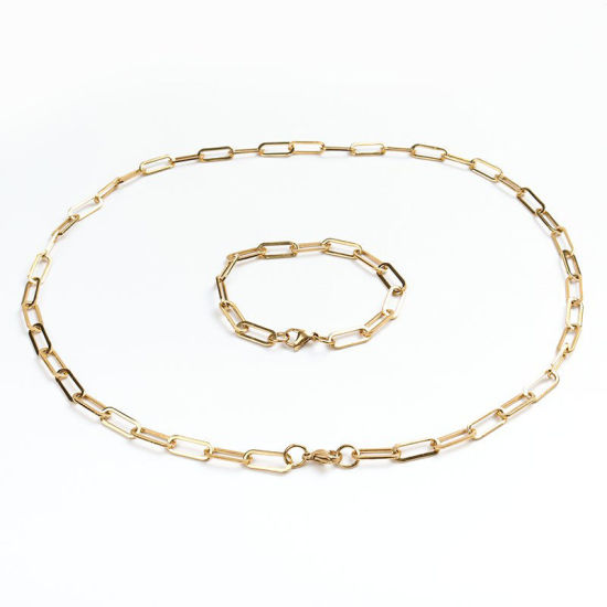 Picture of 1 Set Vacuum Plating 304 Stainless Steel Jewelry Necklace Bracelets Set Gold Plated Oval 60cm(23 5/8") long, 19cm(7 4/8") long