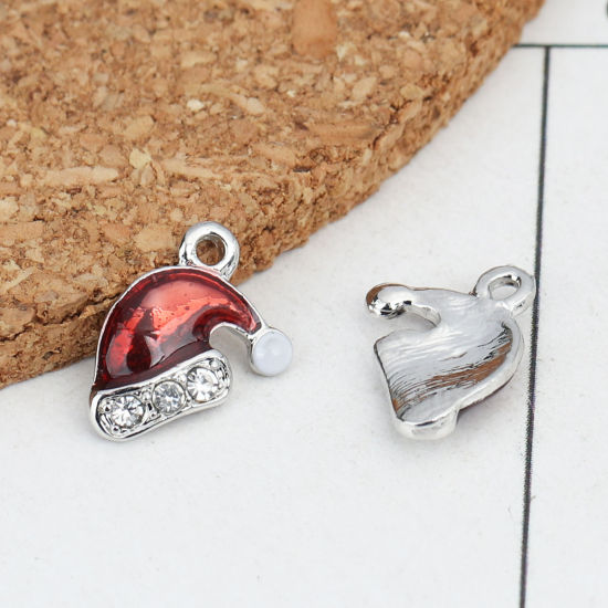 Picture of Zinc Based Alloy Charms Christmas Hats Silver Tone Red Enamel 11mm x 9mm, 5 PCs