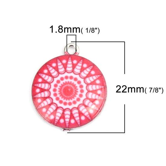 Immagine di Lega di Zinco Charms Tondo Tono Argento Bianco & Rosso Fiore Smalto 22mm x 18mm , 10 Pz