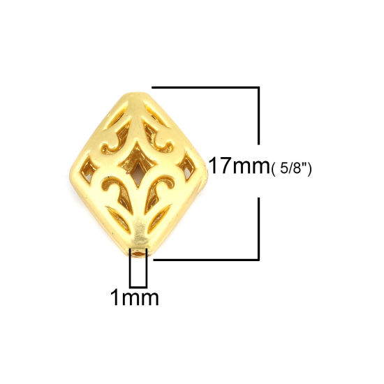 Immagine di Lega di Zinco Perline Rombo Oro Opaco Filigrana Scolpisce Circa 17mm x 14mm, Foro:Circa 1mm, 5 Pz