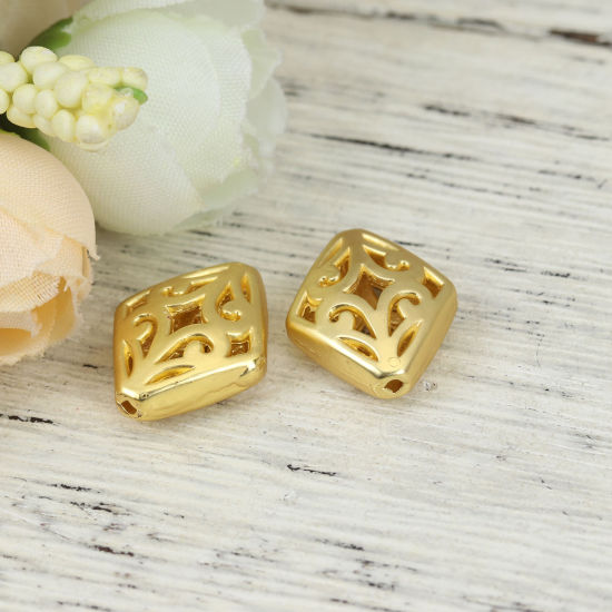 Immagine di Lega di Zinco Perline Rombo Oro Opaco Filigrana Scolpisce Circa 17mm x 14mm, Foro:Circa 1mm, 5 Pz