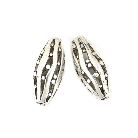 Picture of Zinc Based Alloy Spacer Beads Marquise Antique Silver Color Stripe Hollow About 18mm x 8mm, Hole: Approx 1.8mm, 10 PCs