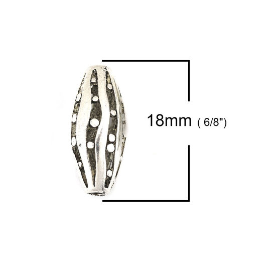 Picture of Zinc Based Alloy Spacer Beads Marquise Antique Silver Color Stripe Hollow About 18mm x 8mm, Hole: Approx 1.8mm, 10 PCs
